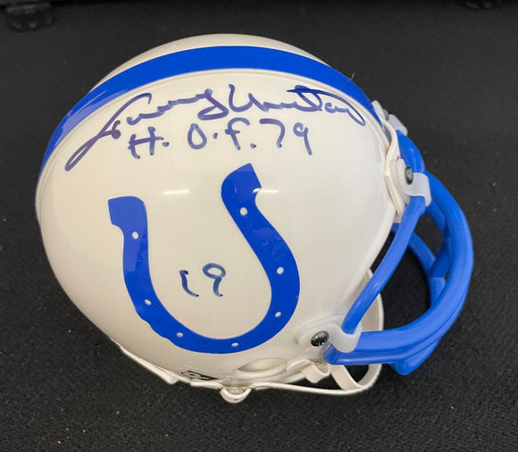 Johnny Unitas Autographed Colts Mini Helmet with HOF 79 and 19 inscription